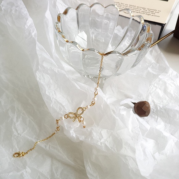 Tiny Bowknot bracelet, crystal pearl bracelet, golden chain bracelet, Adjustable - Picture 3 of 7